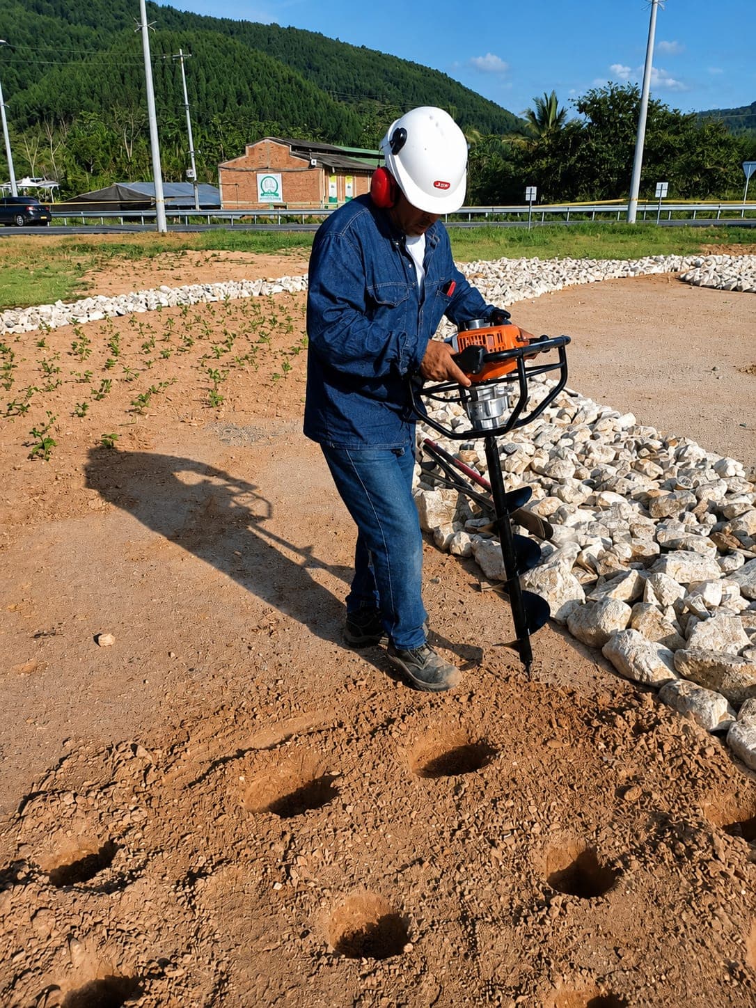 Primer plano de una ahoyadora mecánica perforando el suelo junto a un acopio de piedra y plántulas recién sembradas.