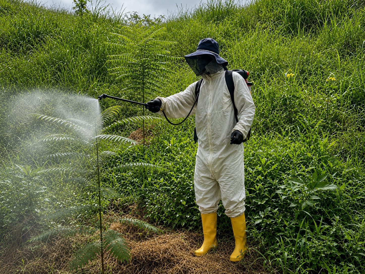 Operario con traje de protección, careta y aspersor de mano aplica producto sobre plántulas; la nube de aspersión es visible.