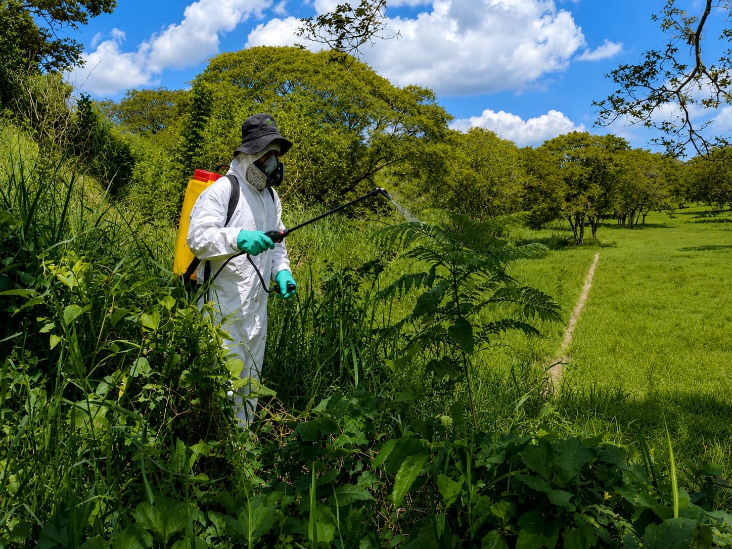 Operario con traje de protección, respirador y aspersor de espalda aplicando tratamiento sobre vegetación en campo abierto.